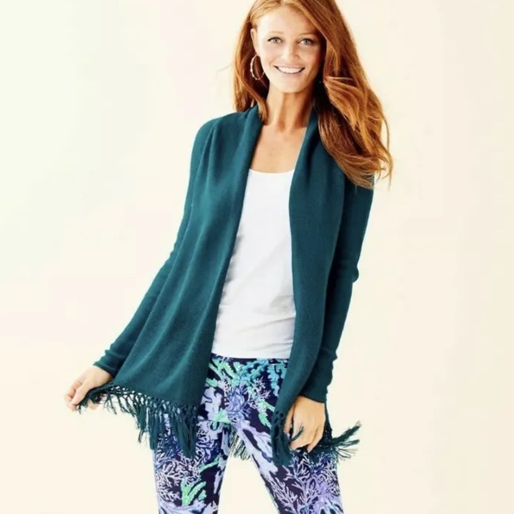 Lilly Pulitzer Tatum Long Fringe Cardigan in Inky Tidal